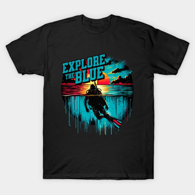 Explore the Blue Scuba Diver Design T-Shirt by Miami Neon Designs